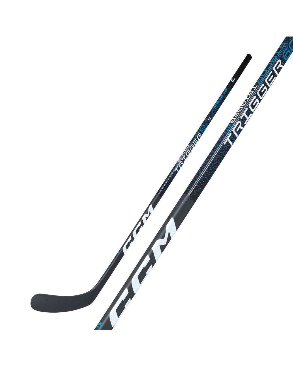 CCM Junior Ribcor Trigger 60 Hockey Stick - Black/Blue, front view with shaft detail
