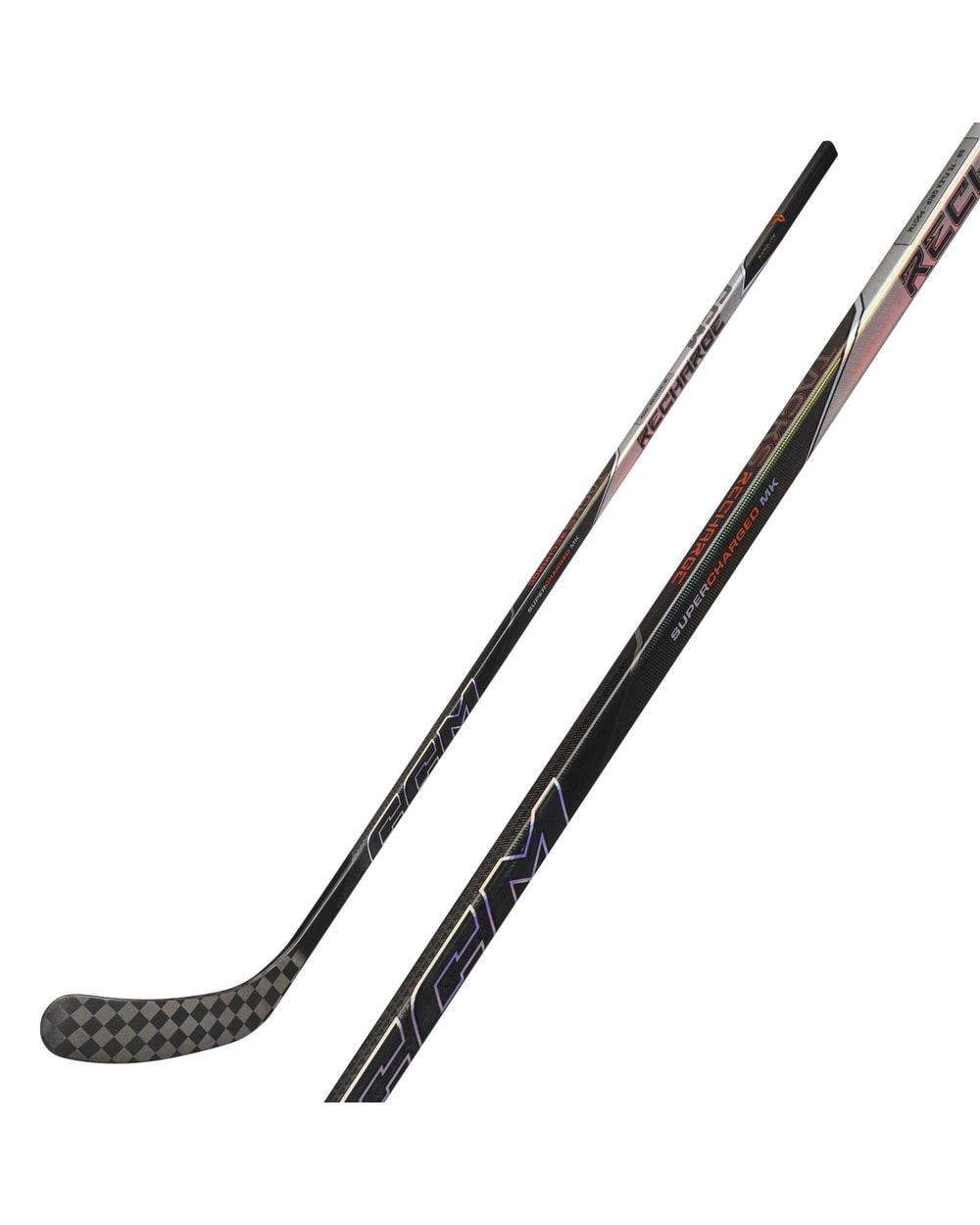 CCM Junior Tacks Recharge Hockey Stick - Black, front view with shaft detail