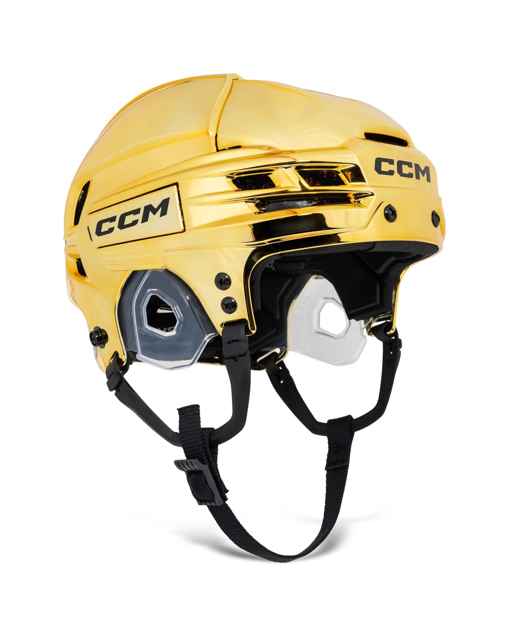 CCM Senior Tacks 720 Chrome Hockey Helmet - Gold Chrome, front three-quarter view