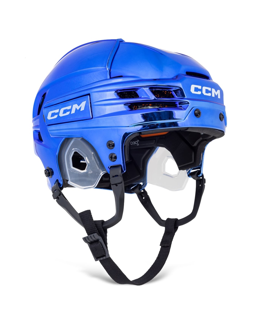 CCM Senior Tacks 720 Chrome Hockey Helmet - Royal Chrome, front three-quarter view