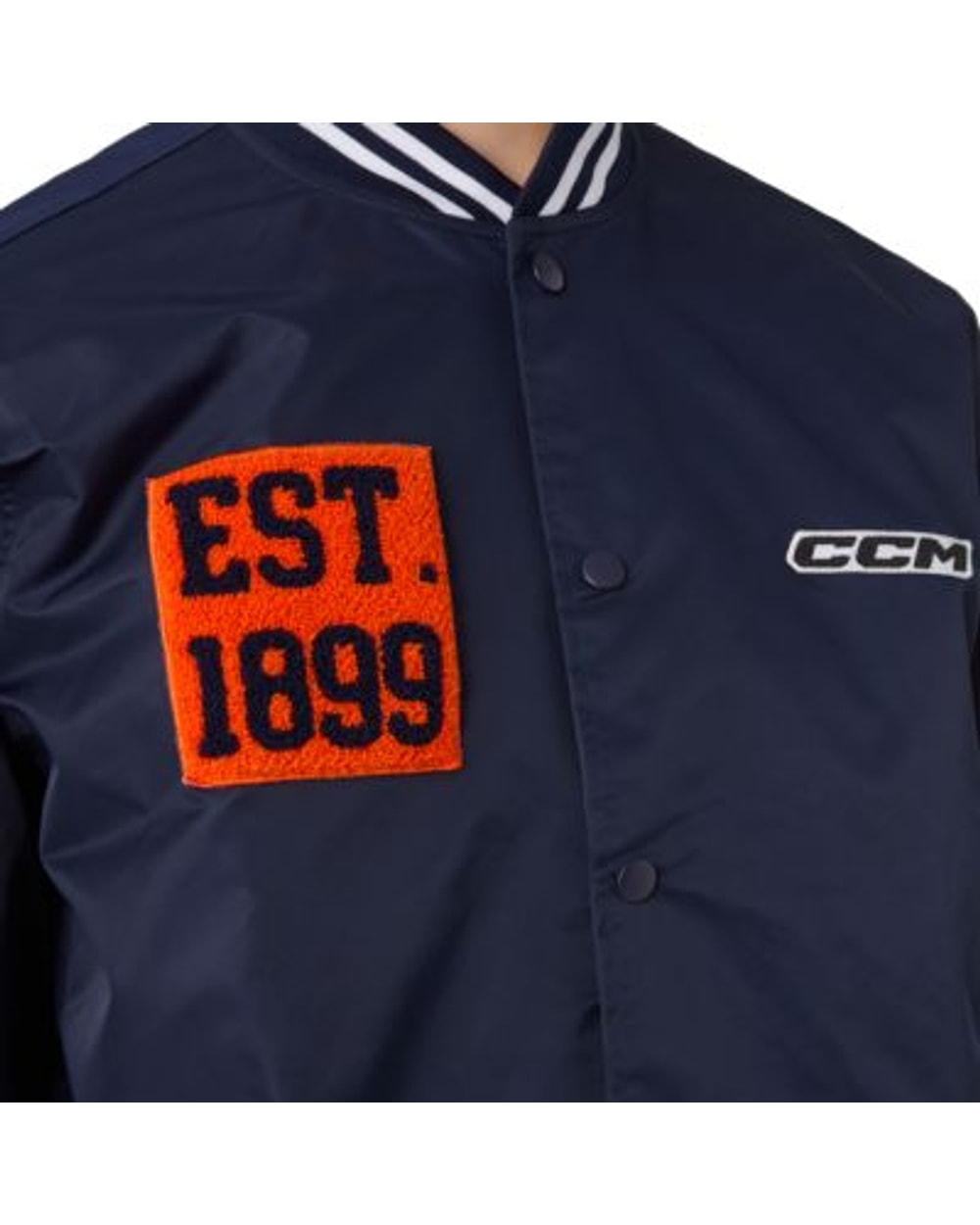 CCM Stripe Collection Varsity Bomber Jacket - Classic Navy - patch detail