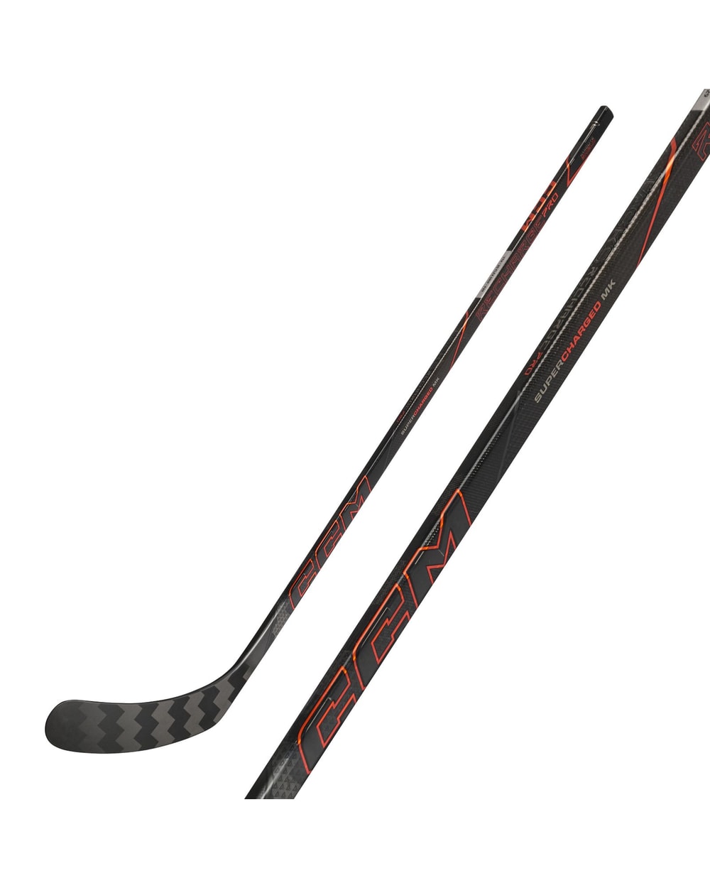 CCM Youth Tacks Recharge Pro Hockey Stick - Black/Orange, front view with shaft detail