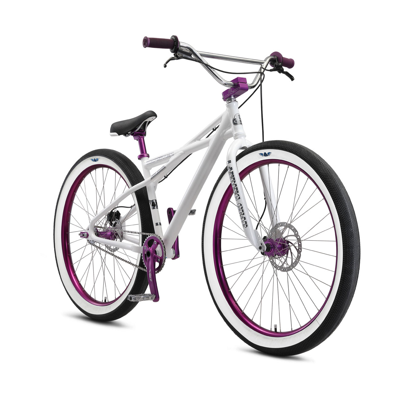 SE Monster Quad 29" BMX bike in Arctic White, three-quarter front view