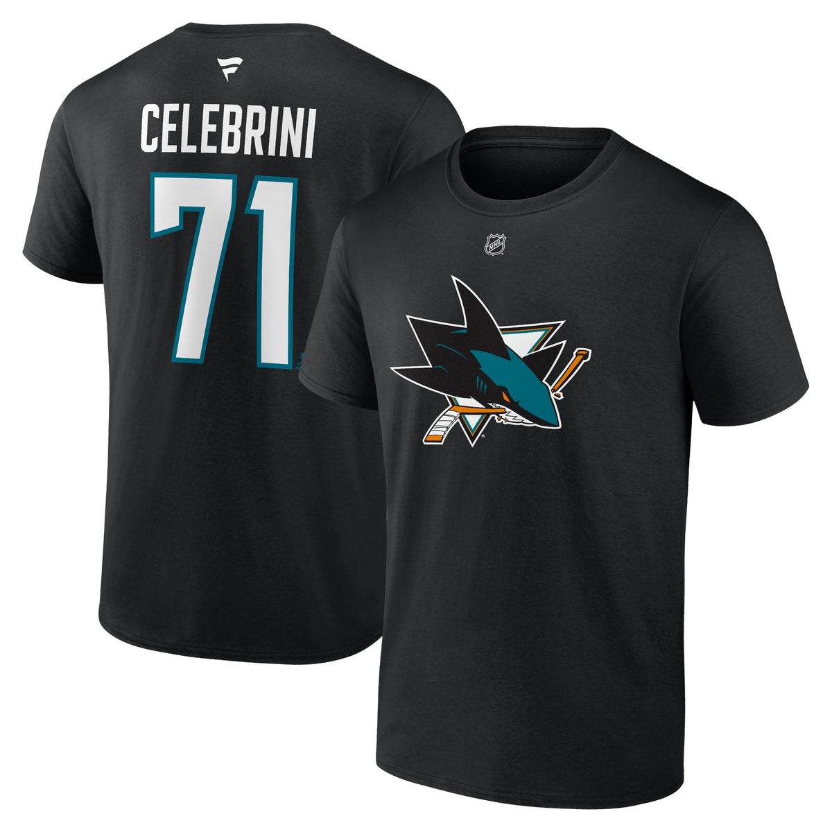 Fanatics San Jose Sharks Authentic Stack T-Shirt - Celebrini - BLACK, front and back view