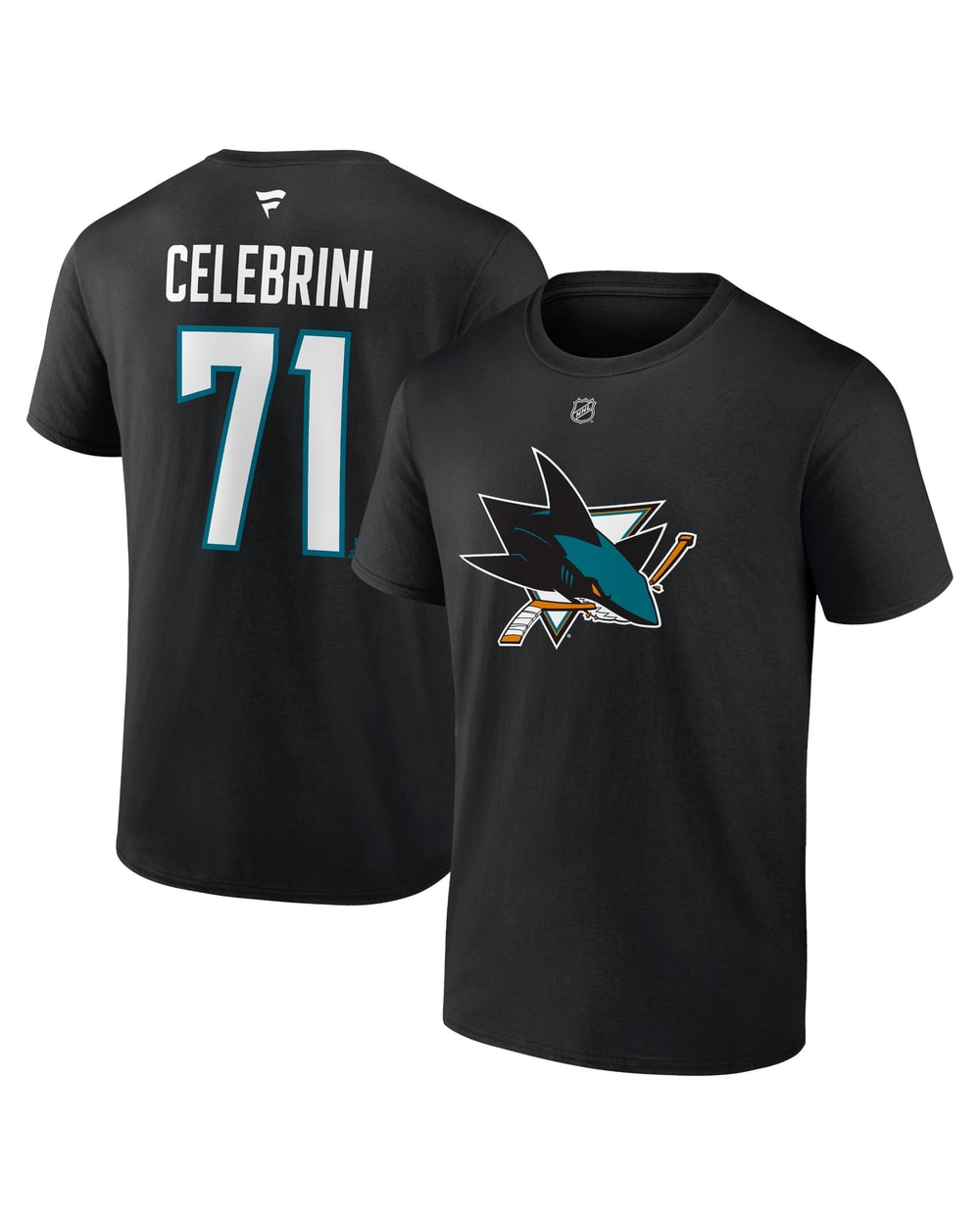 Fanatics San Jose Sharks Authentic Stack T-Shirt - Celebrini - BLACK, front and back view