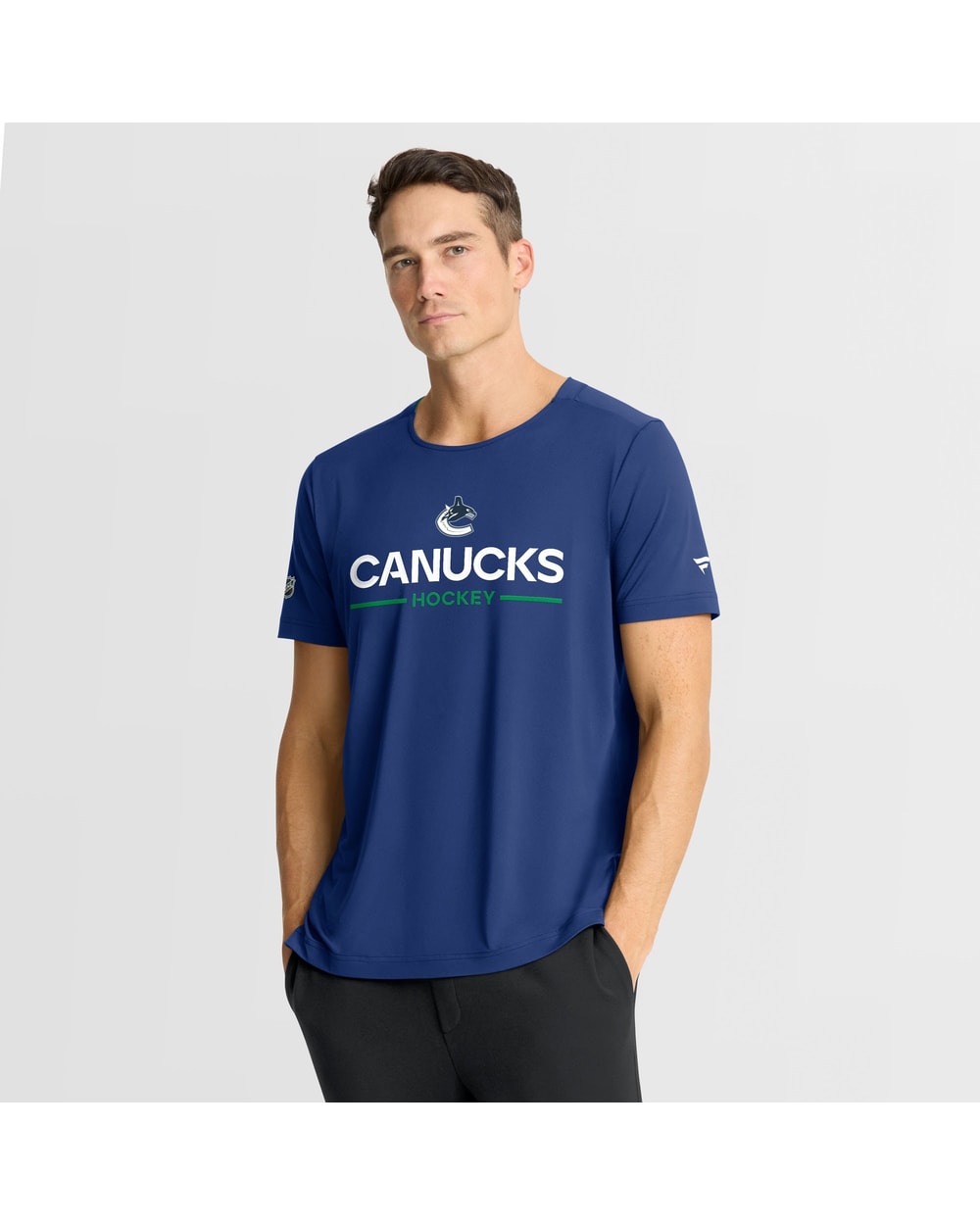Vancouver Canucks Fanatics Blue Authentic Pro Rink Tech T-Shirt - on-model front