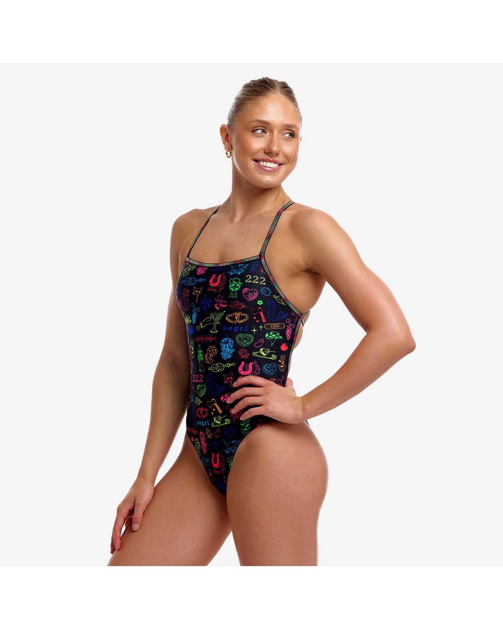 Funkita Women's Doodles Strapped In One Piece - BLACK/MULTI, front