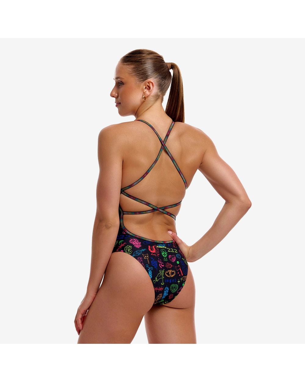 Funkita Women's Doodles Strapped In One Piece - BLACK/MULTI, back
