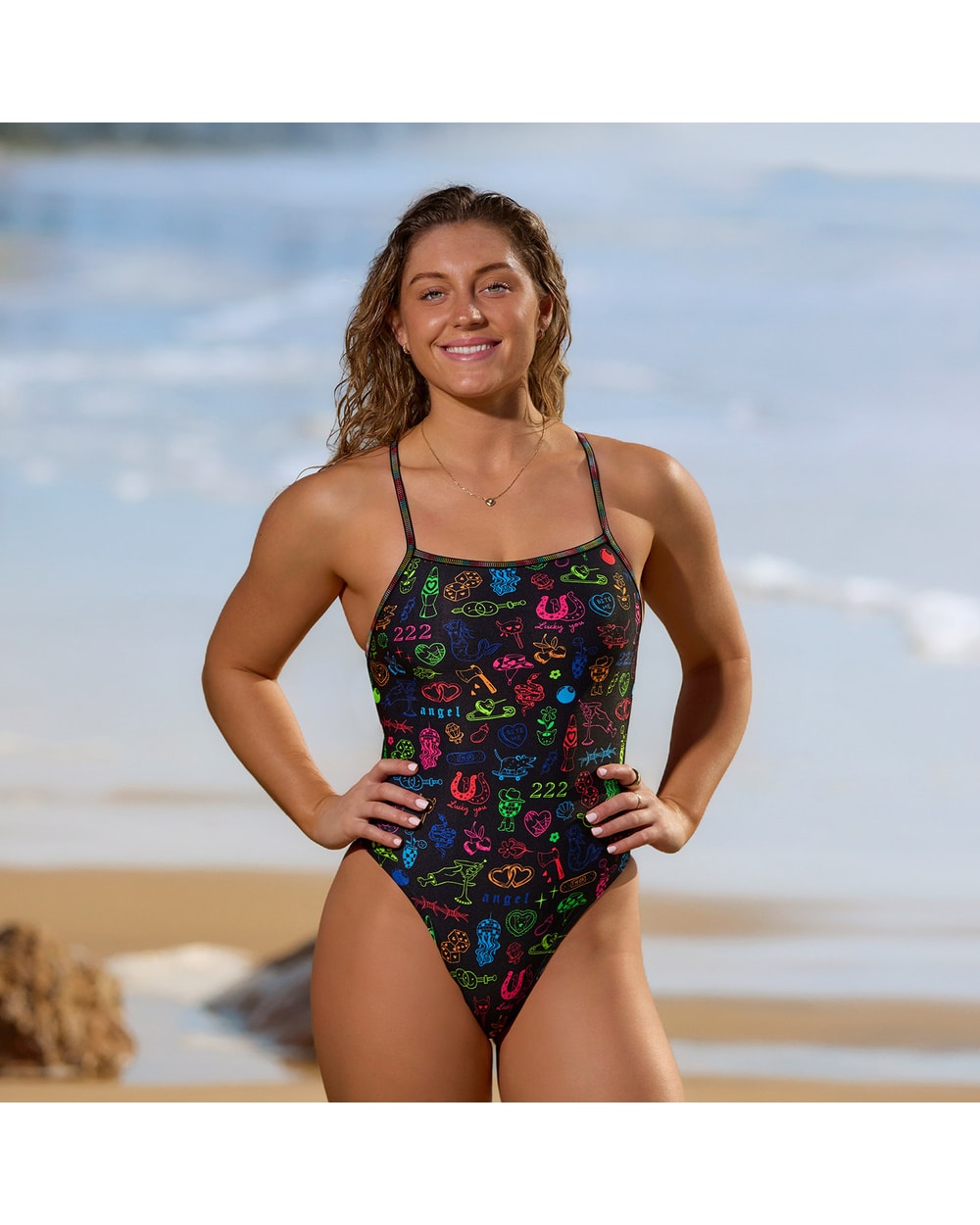 Funkita Women's Doodles Strapped In One Piece - BLACK/MULTI, front, beach