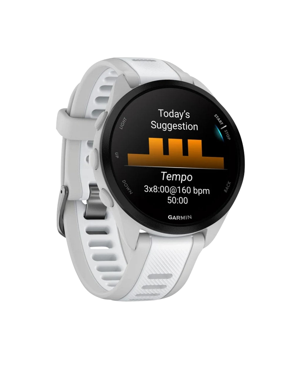 Garmin Forerunner 165 Mist Gray/Whitestone side view