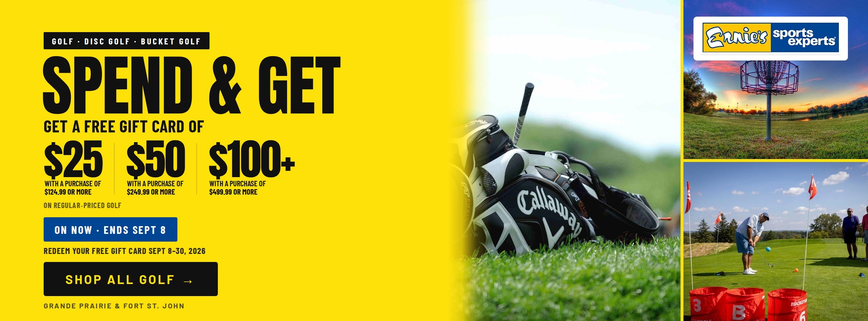 Spend & Get on golf at Ernie's - golf, disc golf and bucket golf - free gift card of $25, $50 or $100+ - ends Sept 8