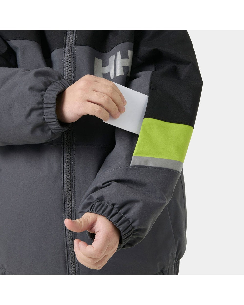 Helly Hansen Kids' Rider Jacket, Thunder Grey, ski pass pocket detail