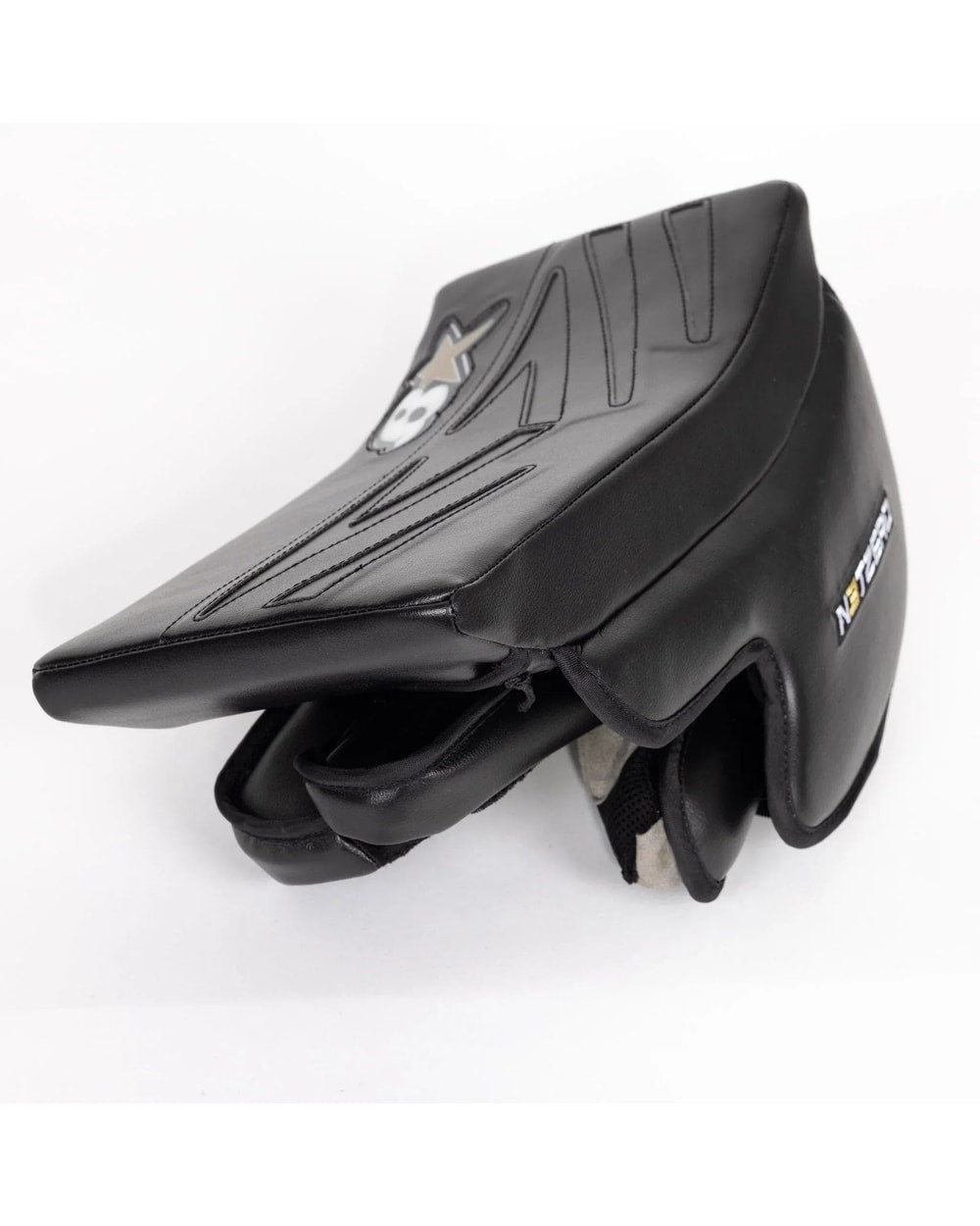 Brian's NetZero 3 Intermediate Goalie Blocker in black - cuff and board angle