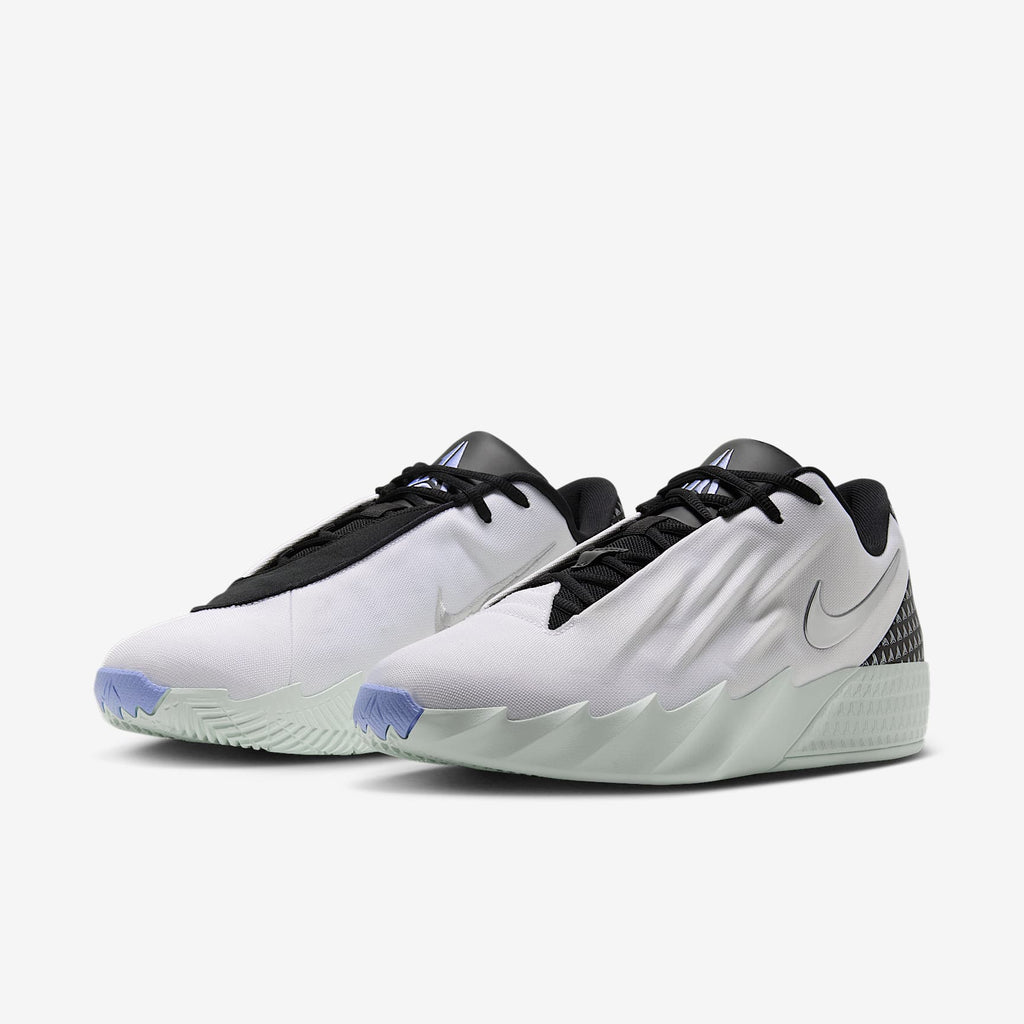 Nike Men's Ja Twelve Time Basketball Shoes - White/Barely Green/Cobalt Bliss/Metallic Silver, three-quarter pair view