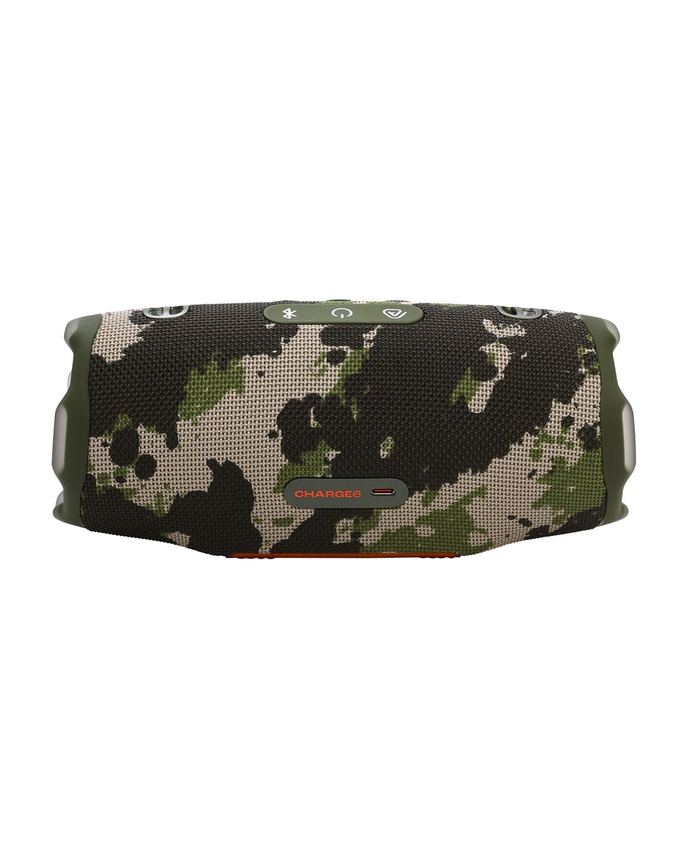 JBL Charge 6 portable waterproof speaker in Squad camo, back with controls
