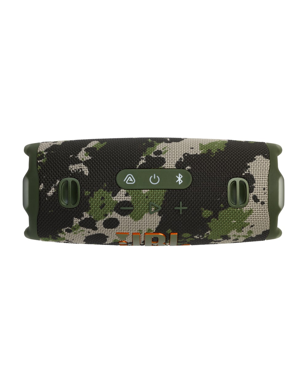 JBL Charge 6 portable waterproof speaker in Squad camo, top control panel