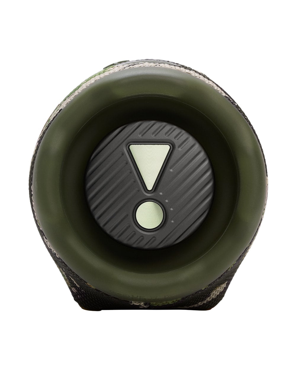JBL Charge 6 portable waterproof speaker in Squad camo, passive radiator end