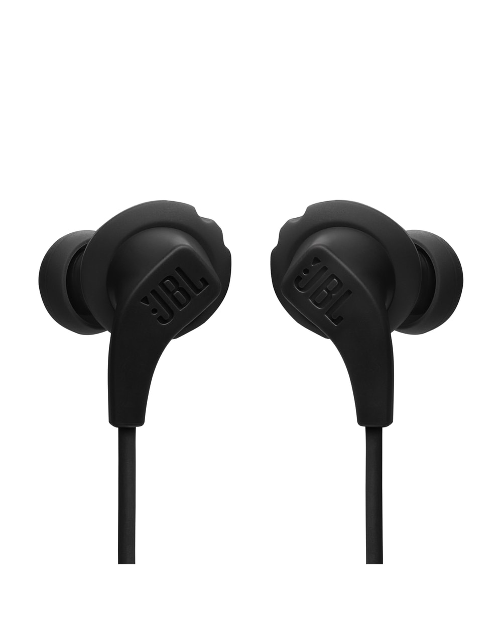 JBL Endurance Run 2 Wireless earbuds in black, front view of the earbuds