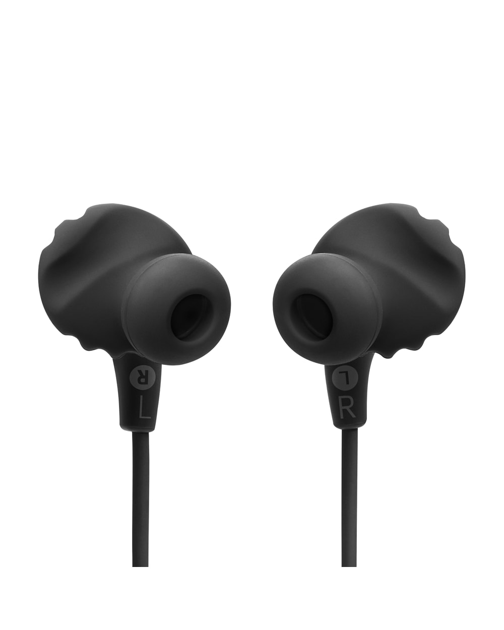 JBL Endurance Run 2 Wireless earbuds in black, back of the earbuds showing L and R markings