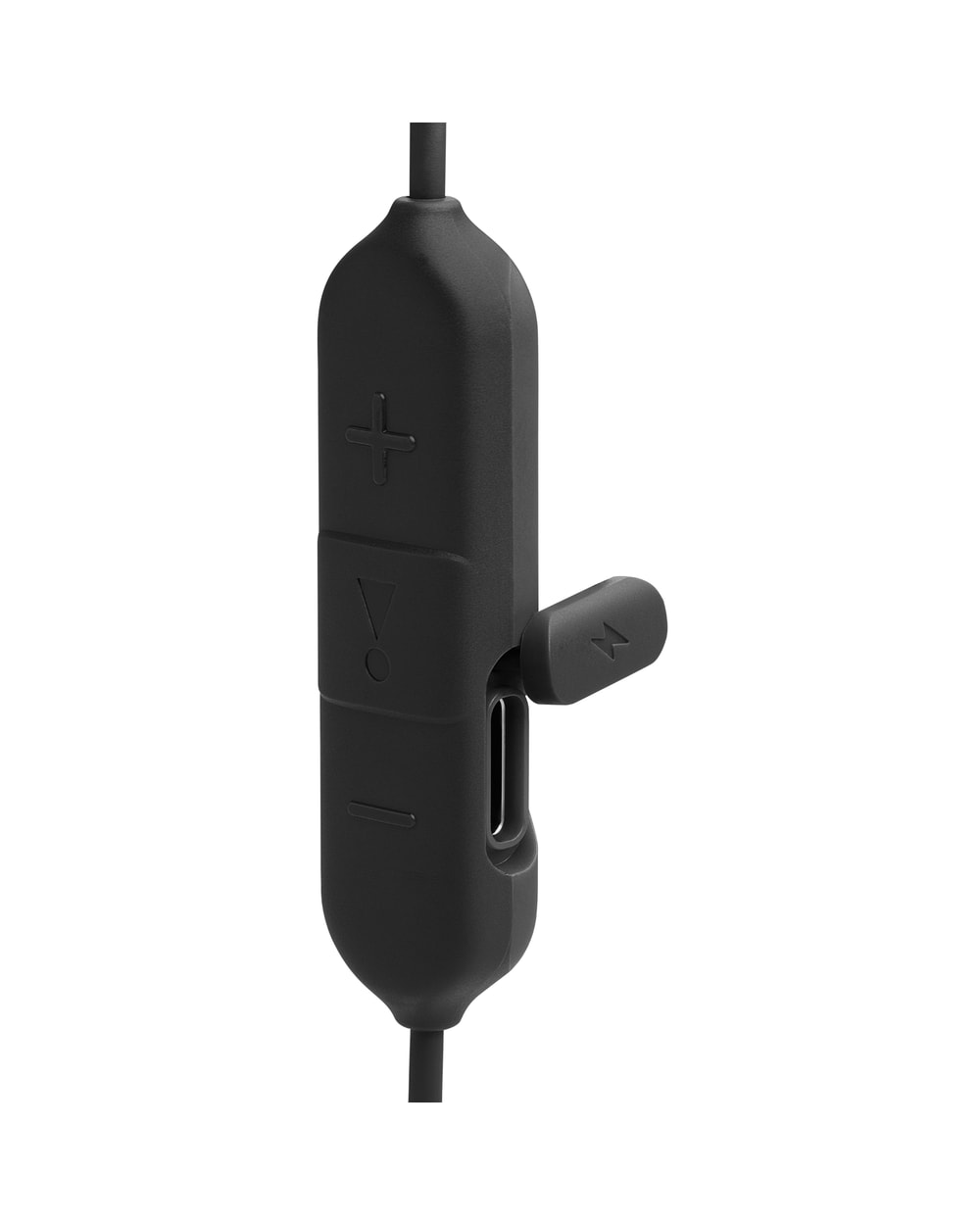 JBL Endurance Run 2 Wireless earbuds in black, in-line remote and USB-C charging port detail