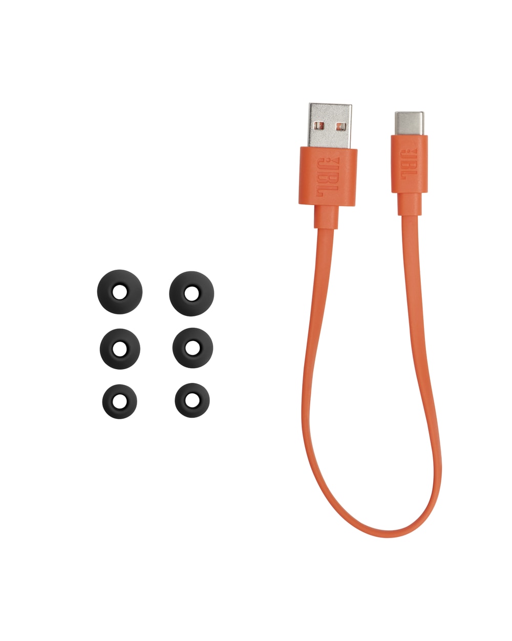 JBL Endurance Run 2 Wireless earbuds in black, included ear tips and USB-C charging cable