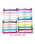 Jerrys Skating World Gel Gloss Skate Guards, all colours labelled: Plum, Cherry, Ice Blue, Lime, Black, Pink Champagne, Grape, Turquoise, Pomegranate, Deep Pink, Sky Blue, Petal Peach, Aqua, Royal, Petal Pink, Lemon, Emerald, Red, Orchid, Lilac, Clear