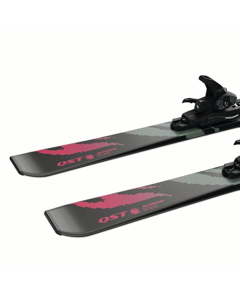 Salomon Junior QST M skis in Black, binding and waist detail