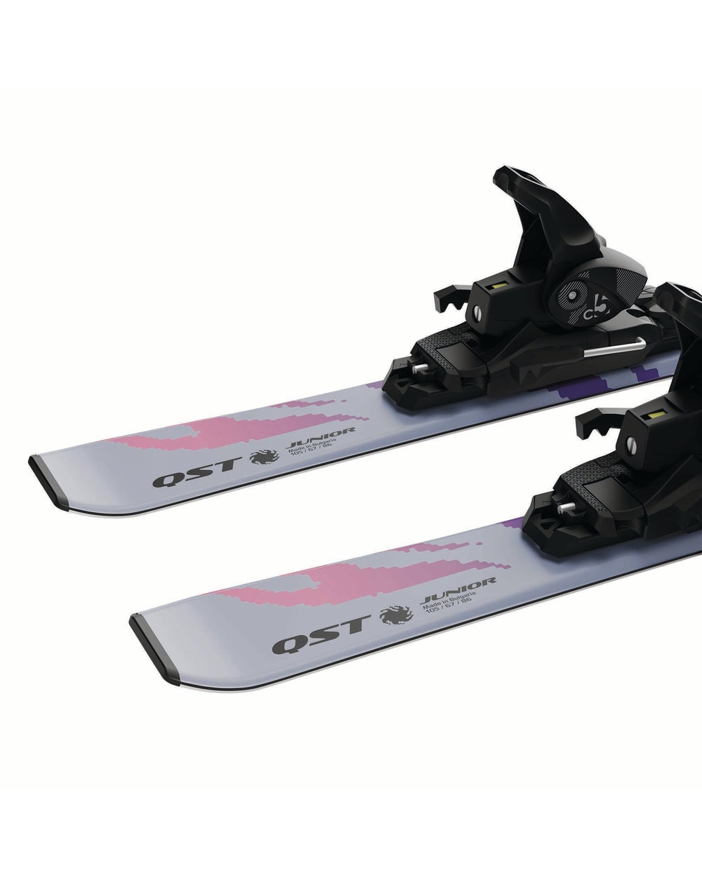 Salomon Junior QST S skis in Cosmic Sky, binding and waist detail