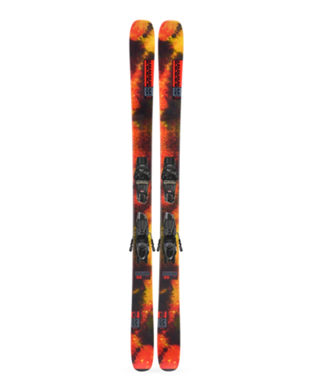 K2 Men's Reckoner 92 QuikClik Free Skis 2026 - Orange/Black, topsheet view with bindings