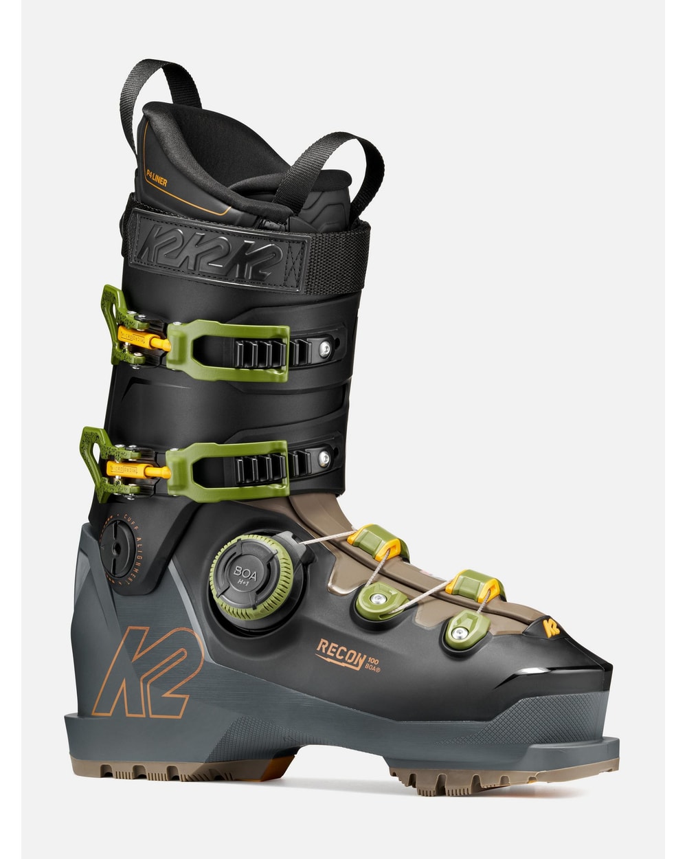 K2 Men's Recon 100 BOA Ski Boots 2027 - Black/Grey/Green, front three-quarter view
