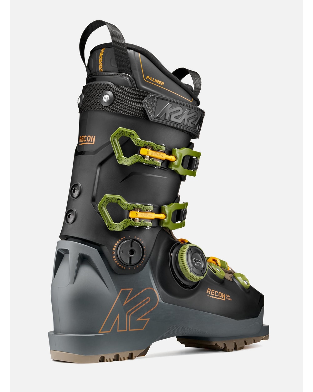 K2 Men's Recon 100 BOA Ski Boots 2027 - Black/Grey/Green, rear three-quarter view