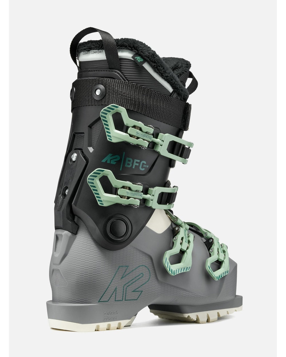 K2 Women's BFC 85 Ski Boots 2027 - Grey/Black/Mint, rear three-quarter view