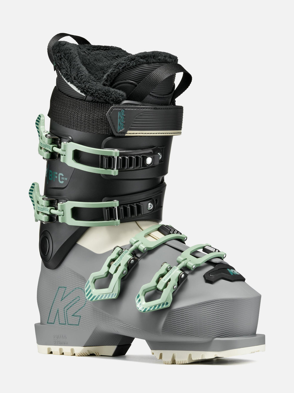 K2 Women's BFC 85 Ski Boots 2027 - Grey/Black/Mint, front three-quarter view