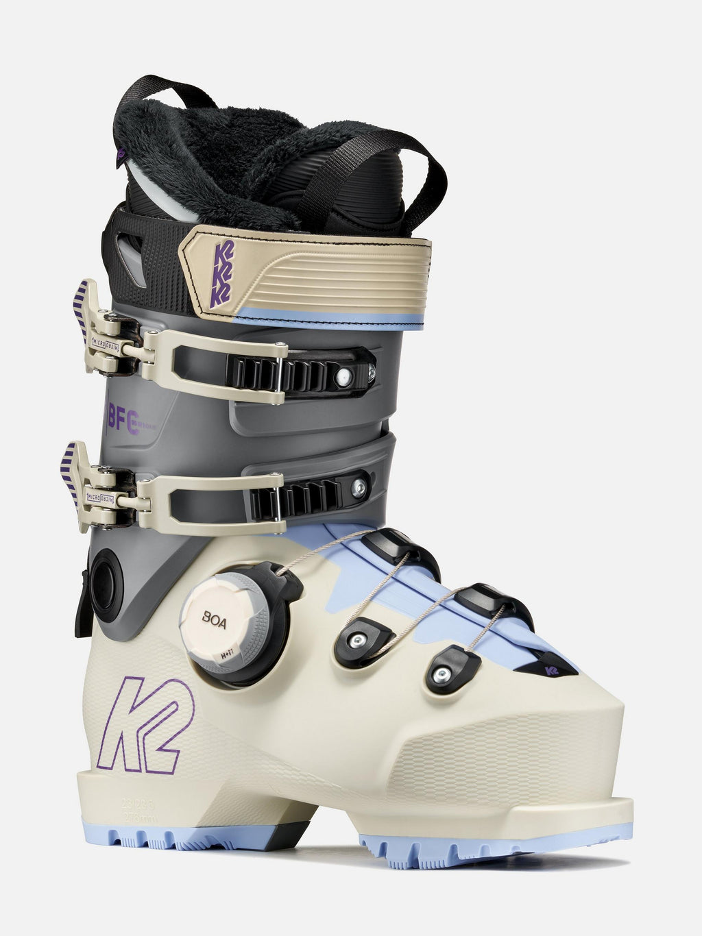 K2 Women's BFC 95 BOA Ski Boots 2027 - Cream/Light Blue, front three-quarter view