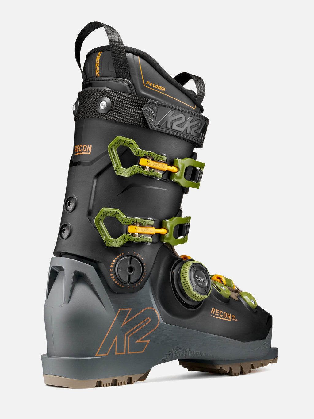 K2 Men's Recon 100 BOA Ski Boots 2027 - Black/Grey/Green, rear three-quarter view