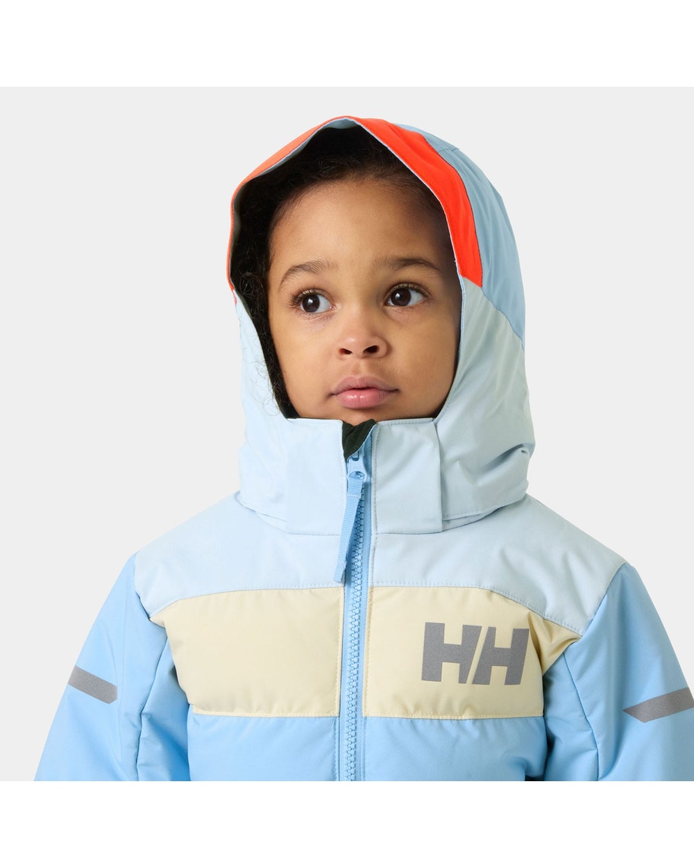 Helly Hansen Kids' Vertical Insulated Ski Jacket, Bright Blue, hood detail