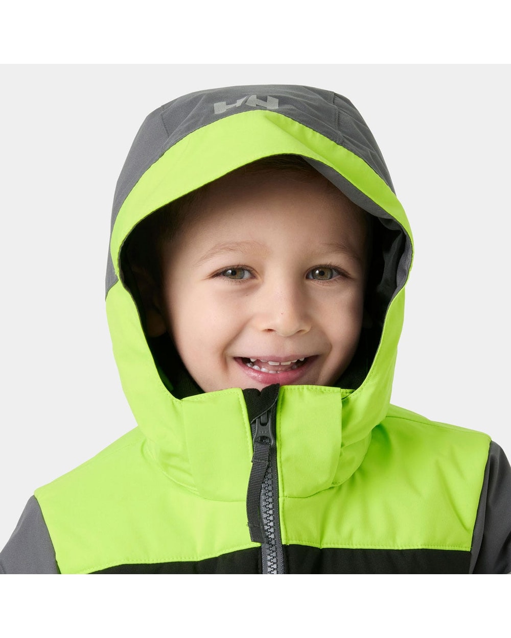 Helly Hansen Kids' Vertical Insulated Ski Jacket, Thunder Grey, hood detail