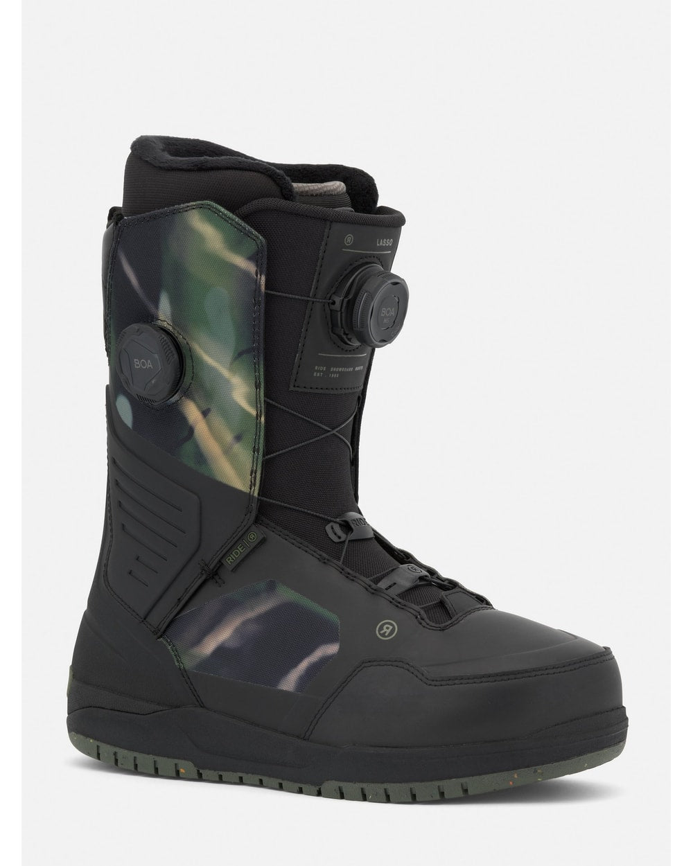 RIDE Lasso snowboard boot in Camo, front view