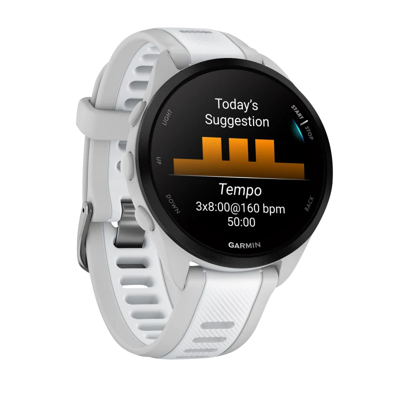 Garmin Forerunner 165 Mist Gray/Whitestone side view