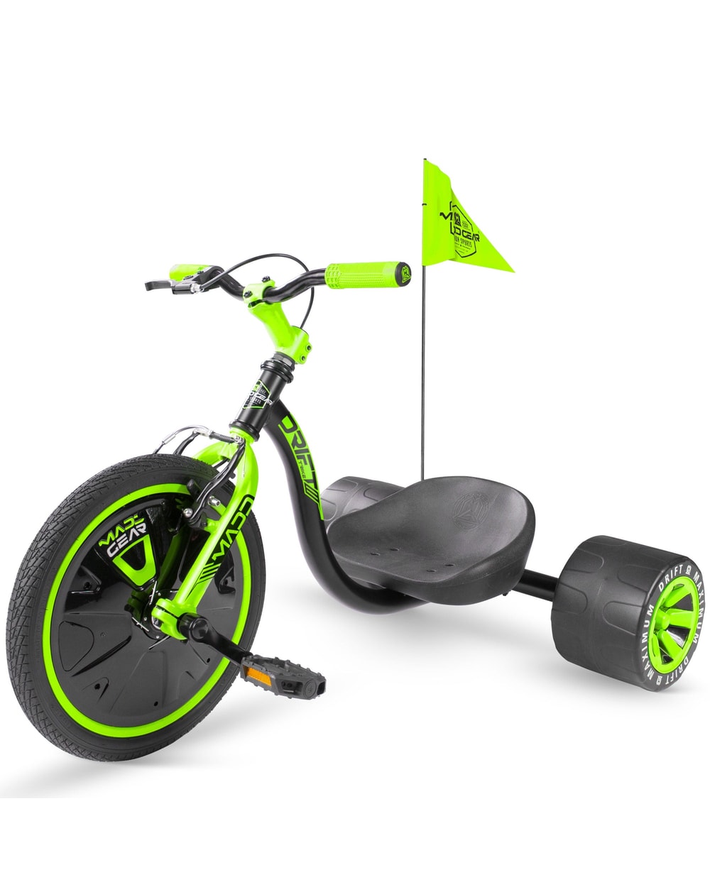 Madd Gear Drift Trike - BLACK/GREEN, front three-quarter view