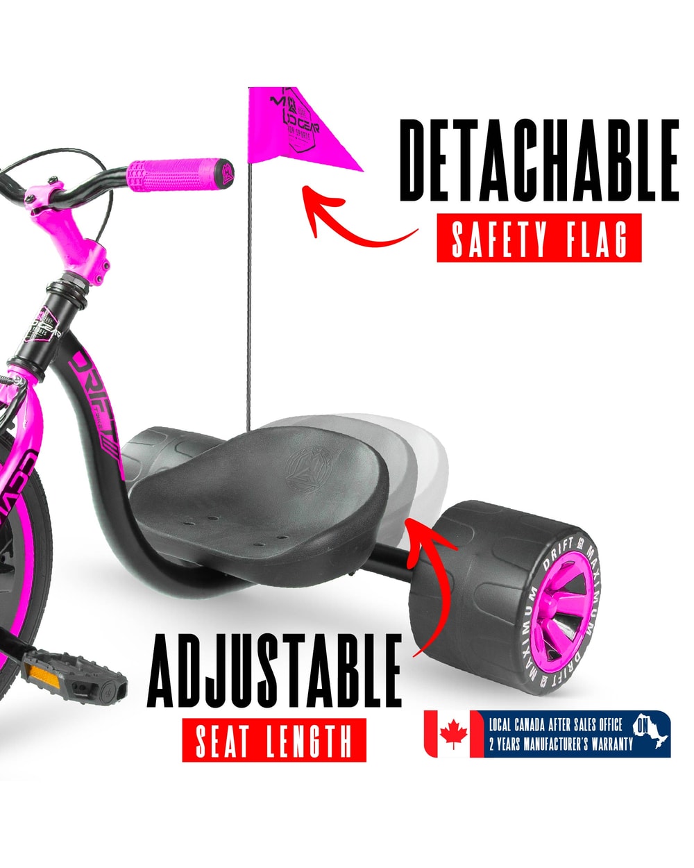 Madd Gear Drift Trike - PINK/BLACK, detachable flag and adjustable seat detail