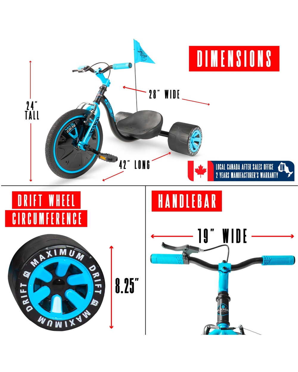 Madd Gear Drift Trike - BLACK/BLUE, dimensions