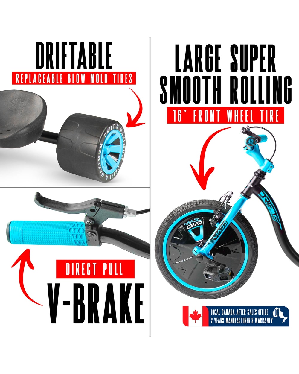 Madd Gear Drift Trike - BLACK/BLUE, drift wheel, front tire and brake detail