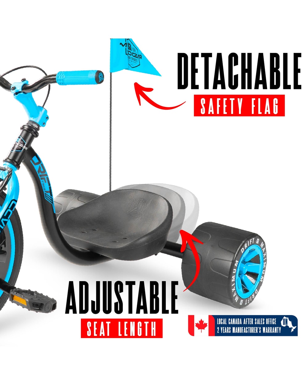 Madd Gear Drift Trike - BLACK/BLUE, detachable flag and adjustable seat detail