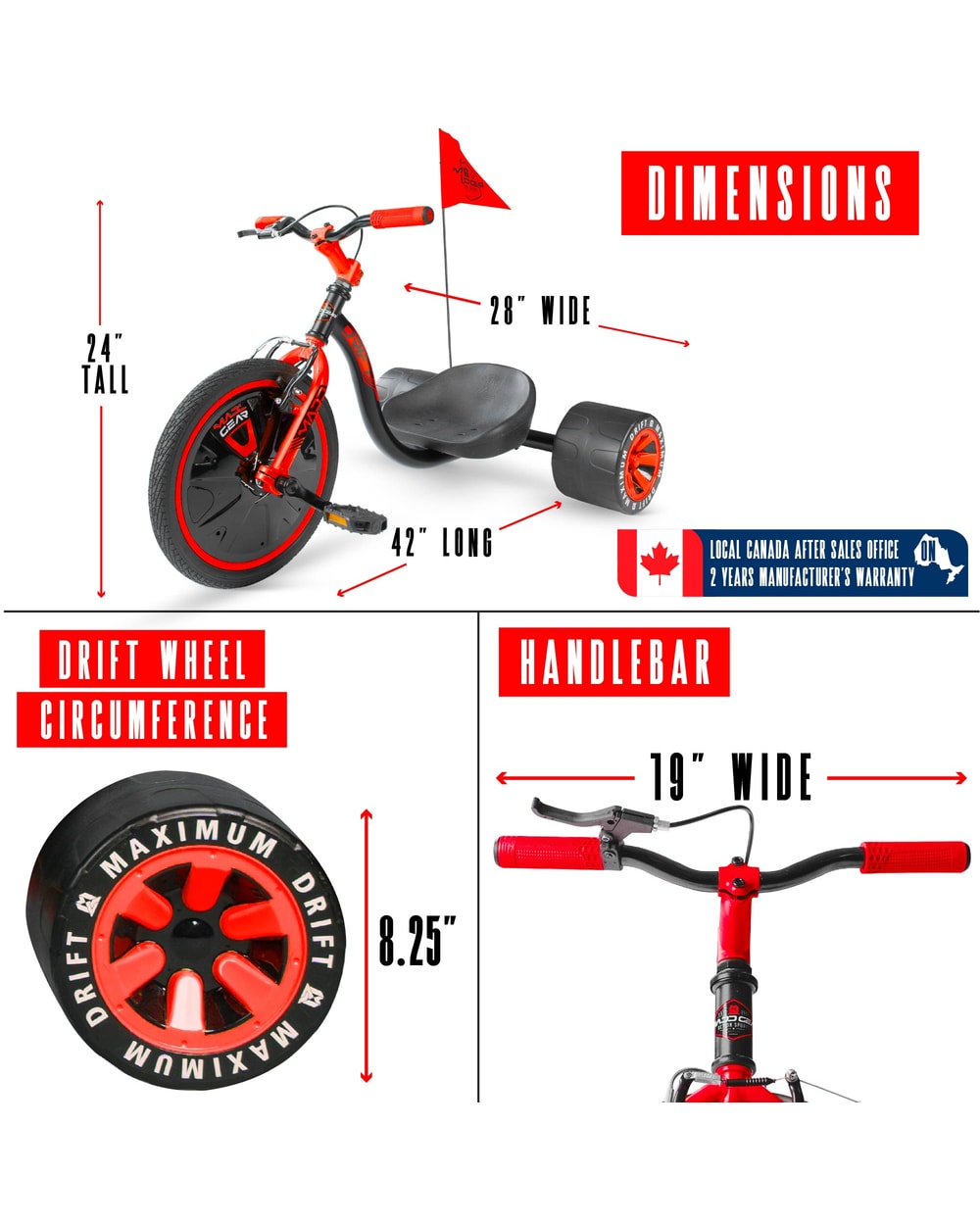 Madd Gear Drift Trike - BLACK/RED, dimensions