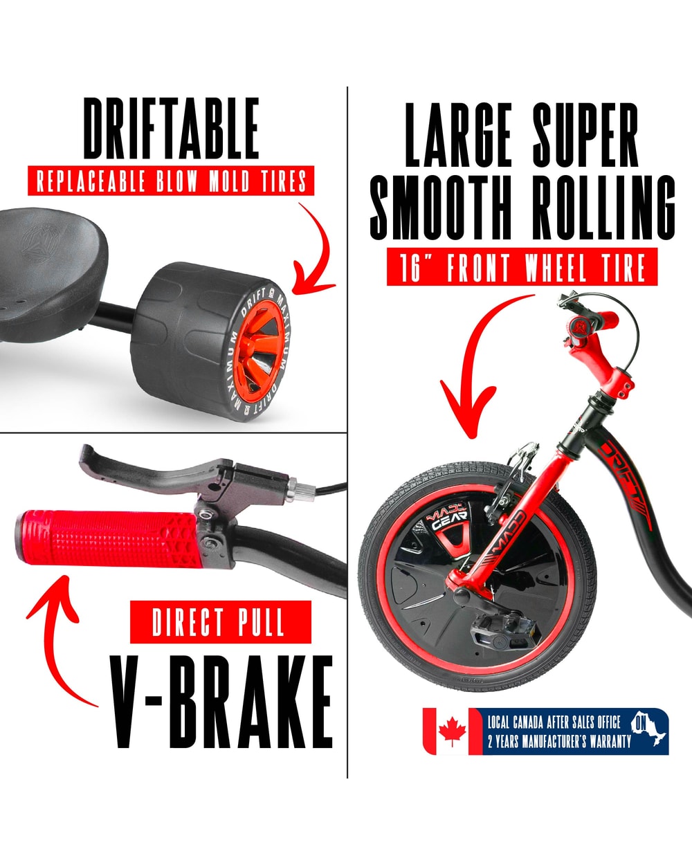 Madd Gear Drift Trike - BLACK/RED, drift wheel, front tire and brake detail