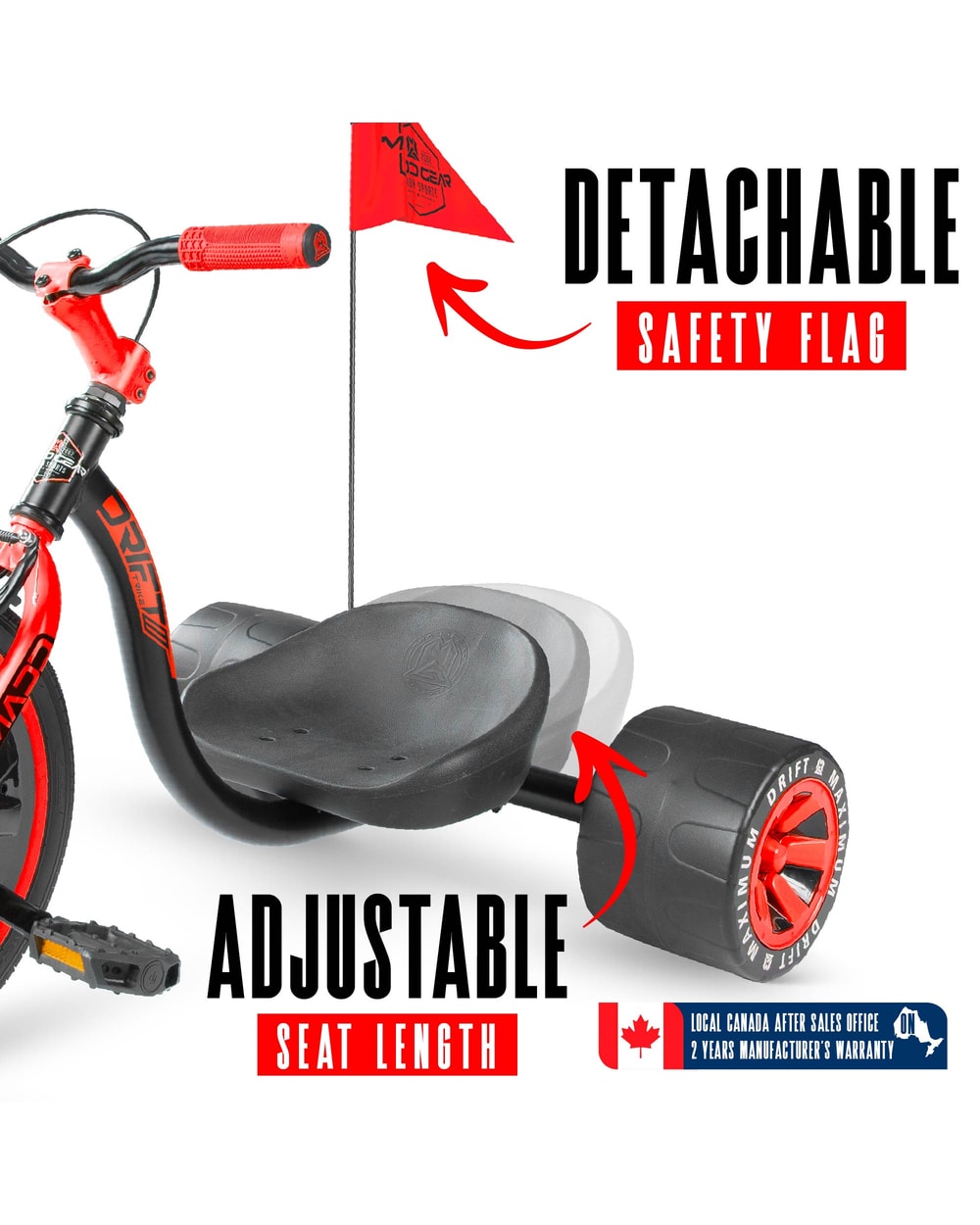 Madd Gear Drift Trike - BLACK/RED, detachable flag and adjustable seat detail