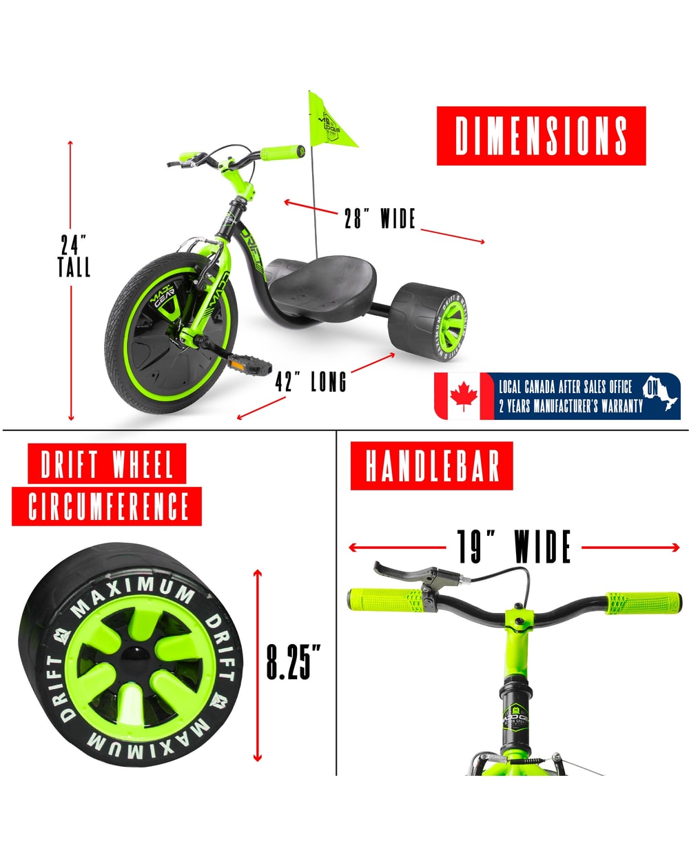 Madd Gear Drift Trike - BLACK/GREEN, dimensions