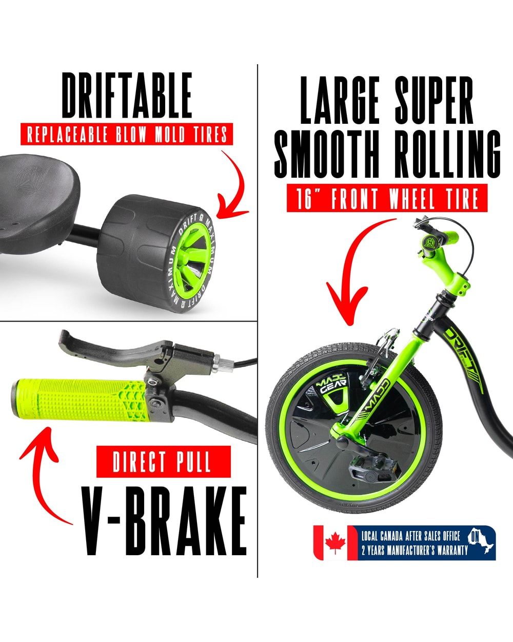 Madd Gear Drift Trike - BLACK/GREEN, drift wheel, front tire and brake detail