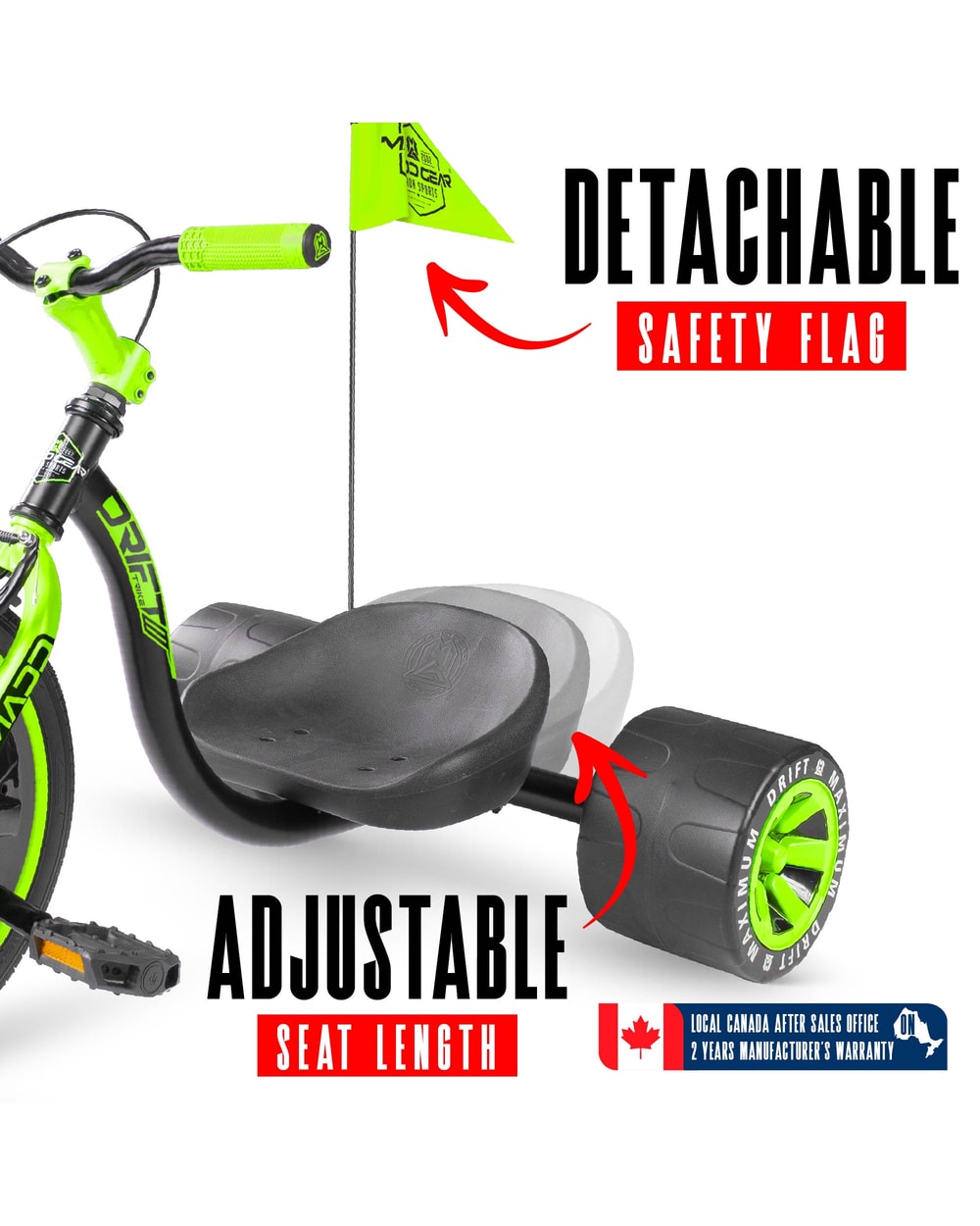 Madd Gear Drift Trike - BLACK/GREEN, detachable flag and adjustable seat detail